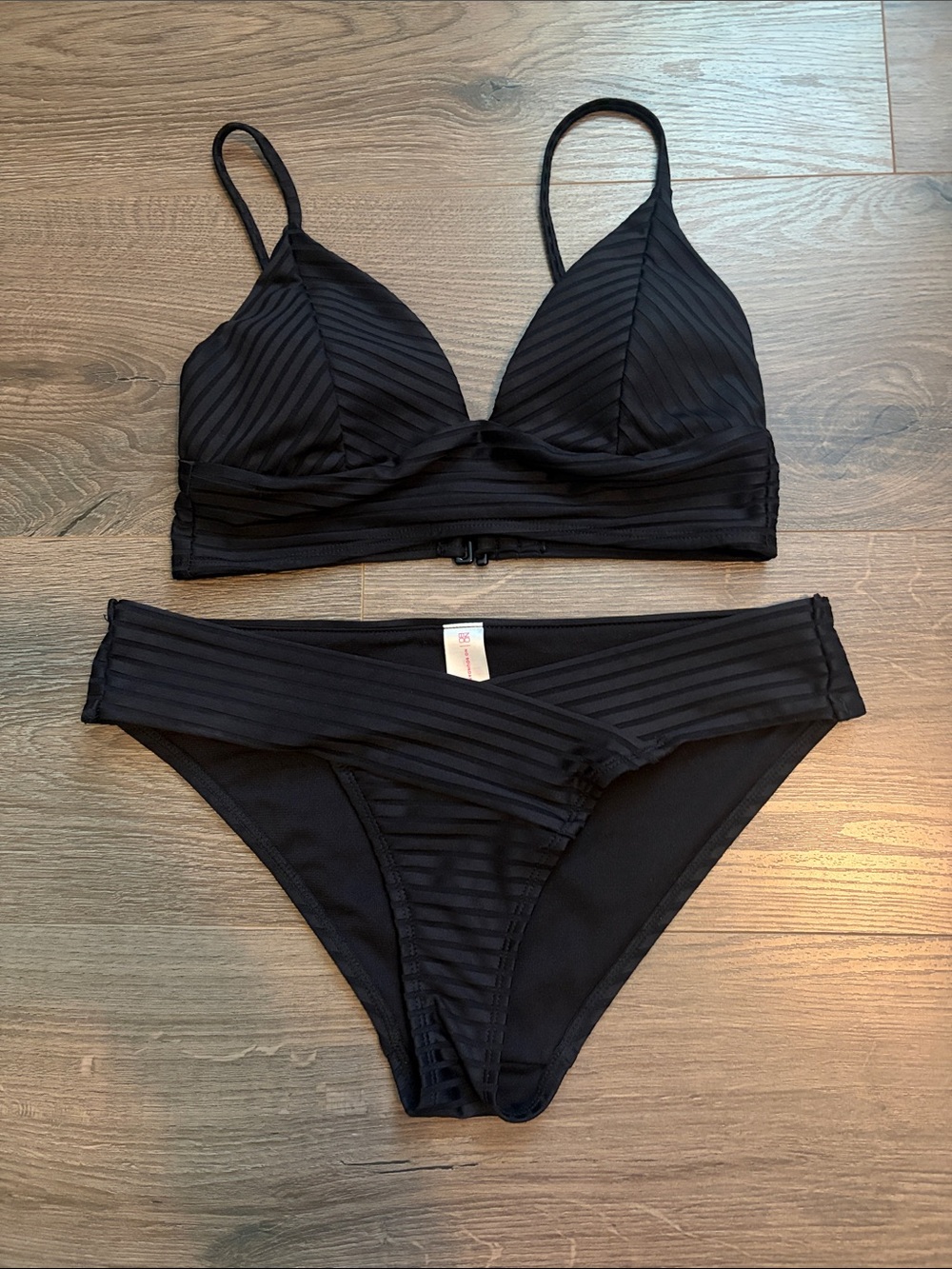 No Boundaries Black Textured Bikini Set | Ribbed Triangle Top & Mid-Rise Bottoms